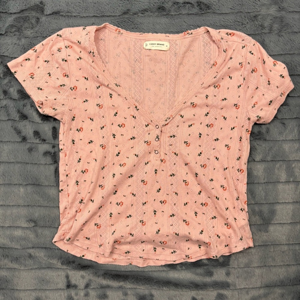 Lucky Brand Pink Floral Pointelle Henley Top Short Sleeve Cotton Womens Medium